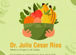 Banner publicitario de conferencia del Doctor Julio César Ríos para comida sana